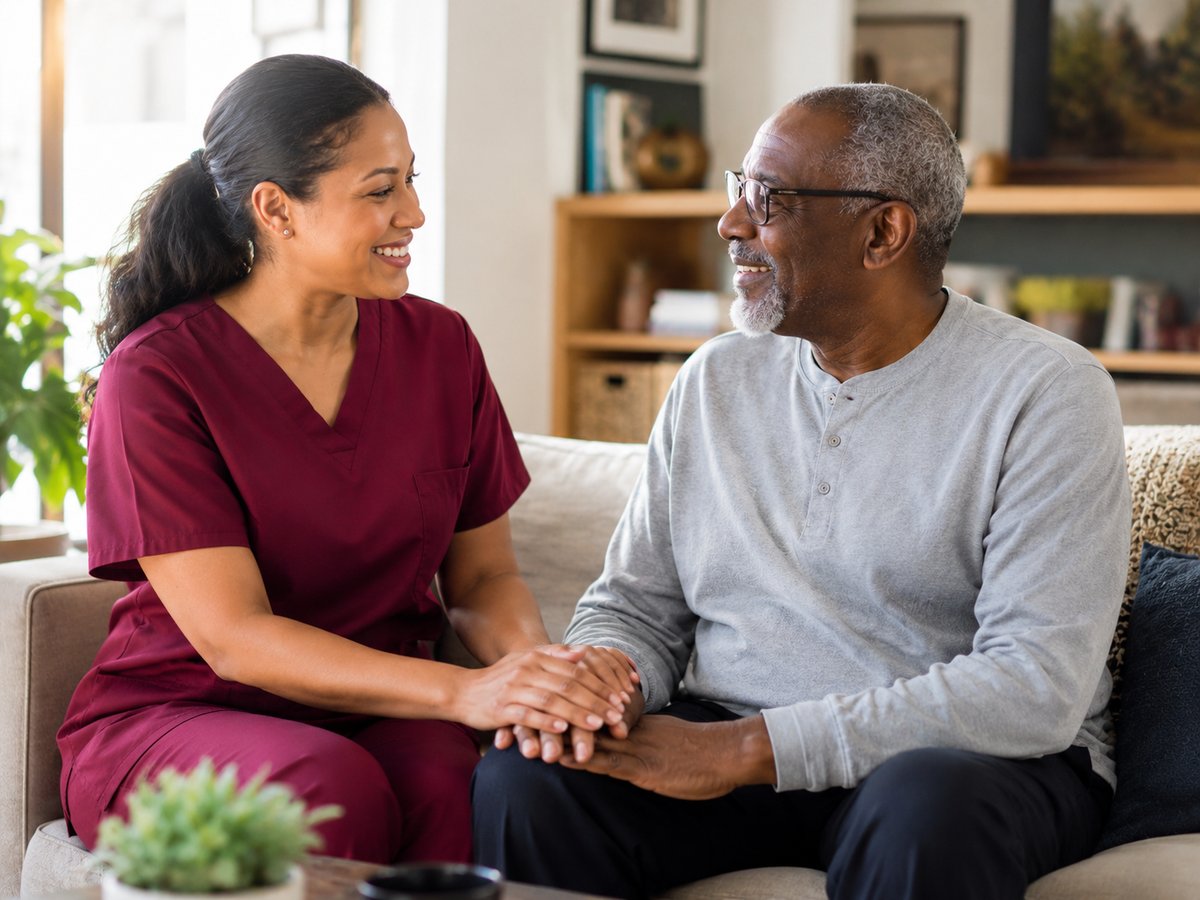 Asmart caregiver providing gentle personal care assistance to an elderly client at home