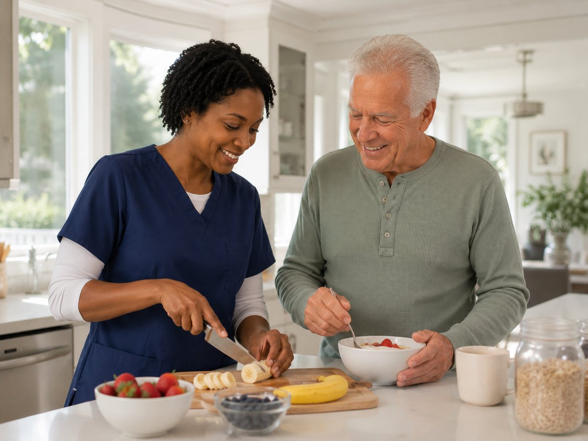 Caregiver preparing a nutritious meal in a bright home kitchen for an elderly client