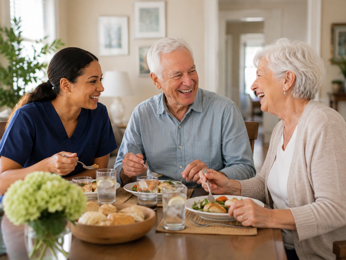 Caregiver and elderly couple sharing a warm meal and laughter together at home