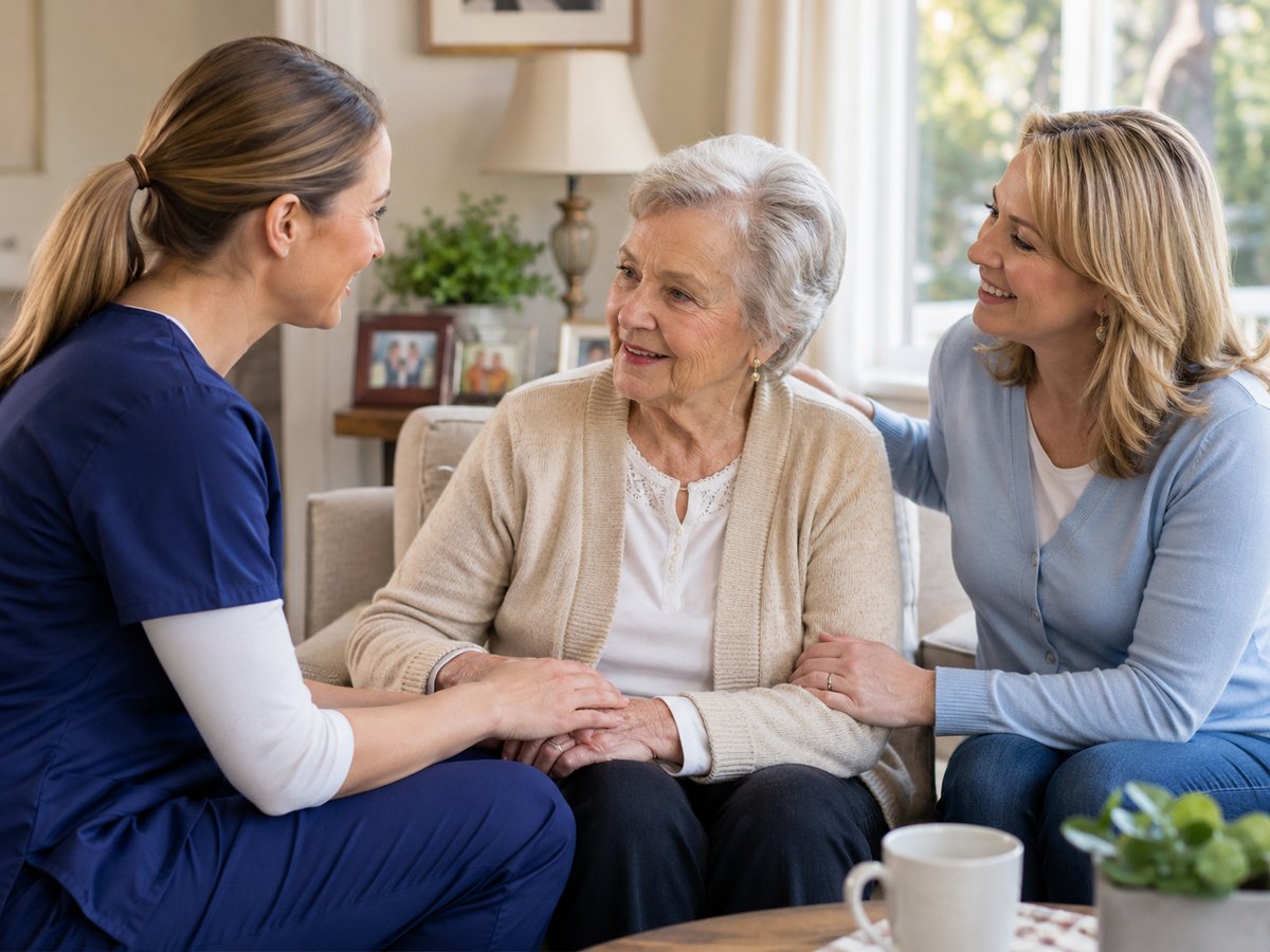 Asmart Home Care professional warmly connecting with an elderly client and their family at home