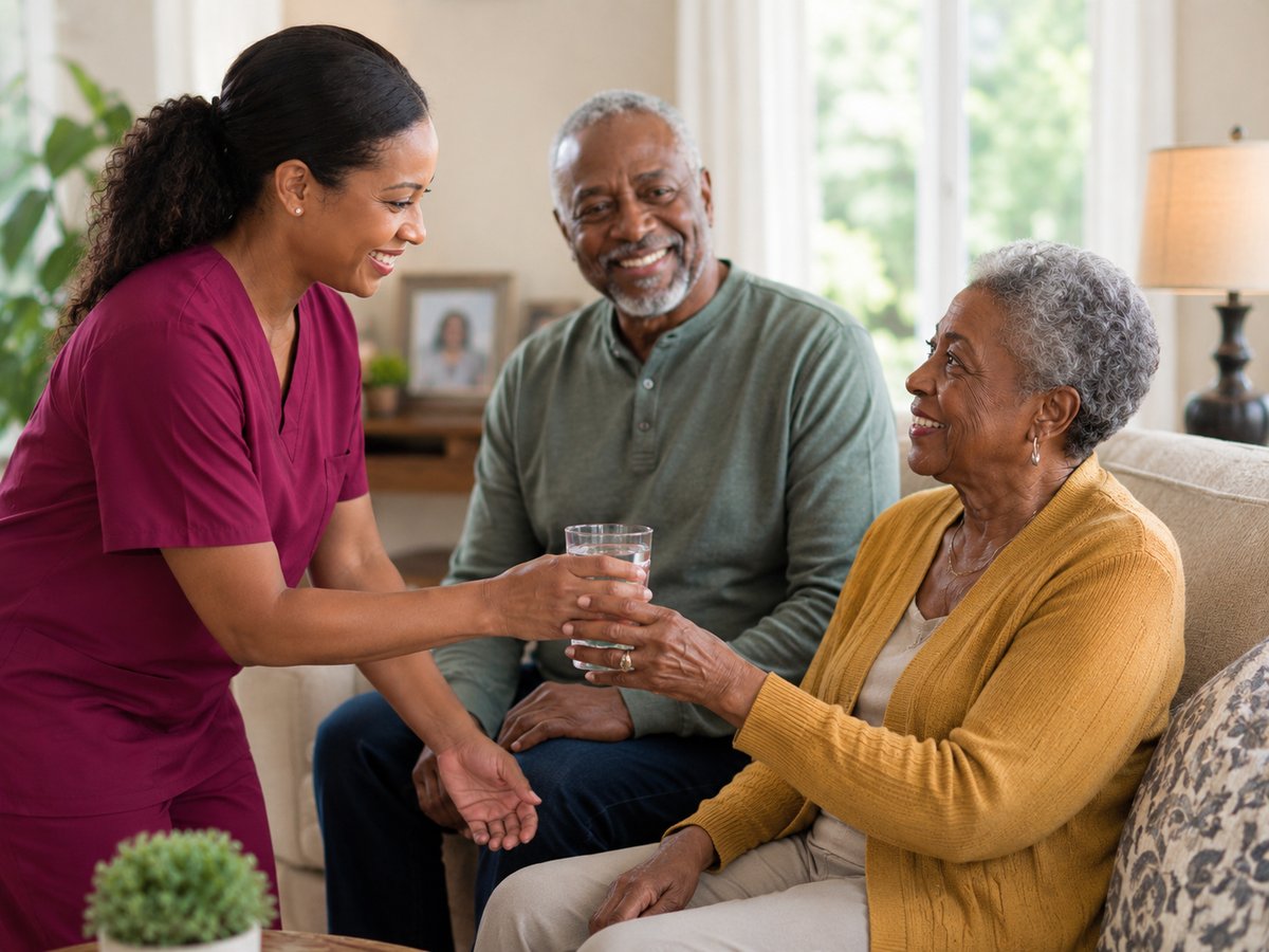 Caregiver gently reminding a client about their medication schedule at home