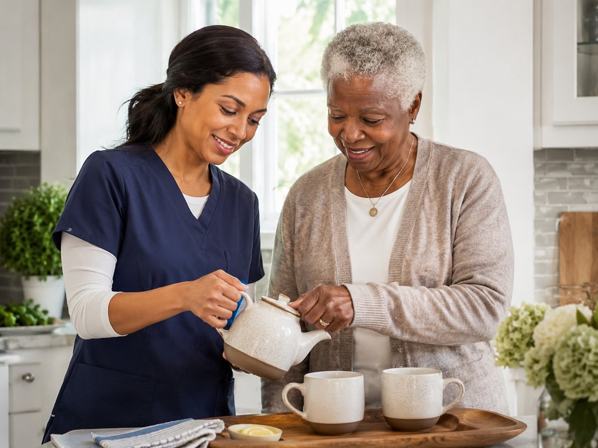 Caregiver helping with light household tasks in a clean, comfortable home