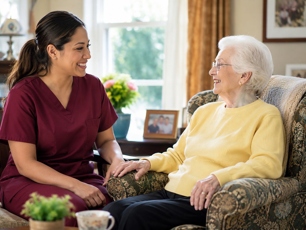 Asmart Home Care caregiver sitting with a senior client in a comfortable living room, discussing care options