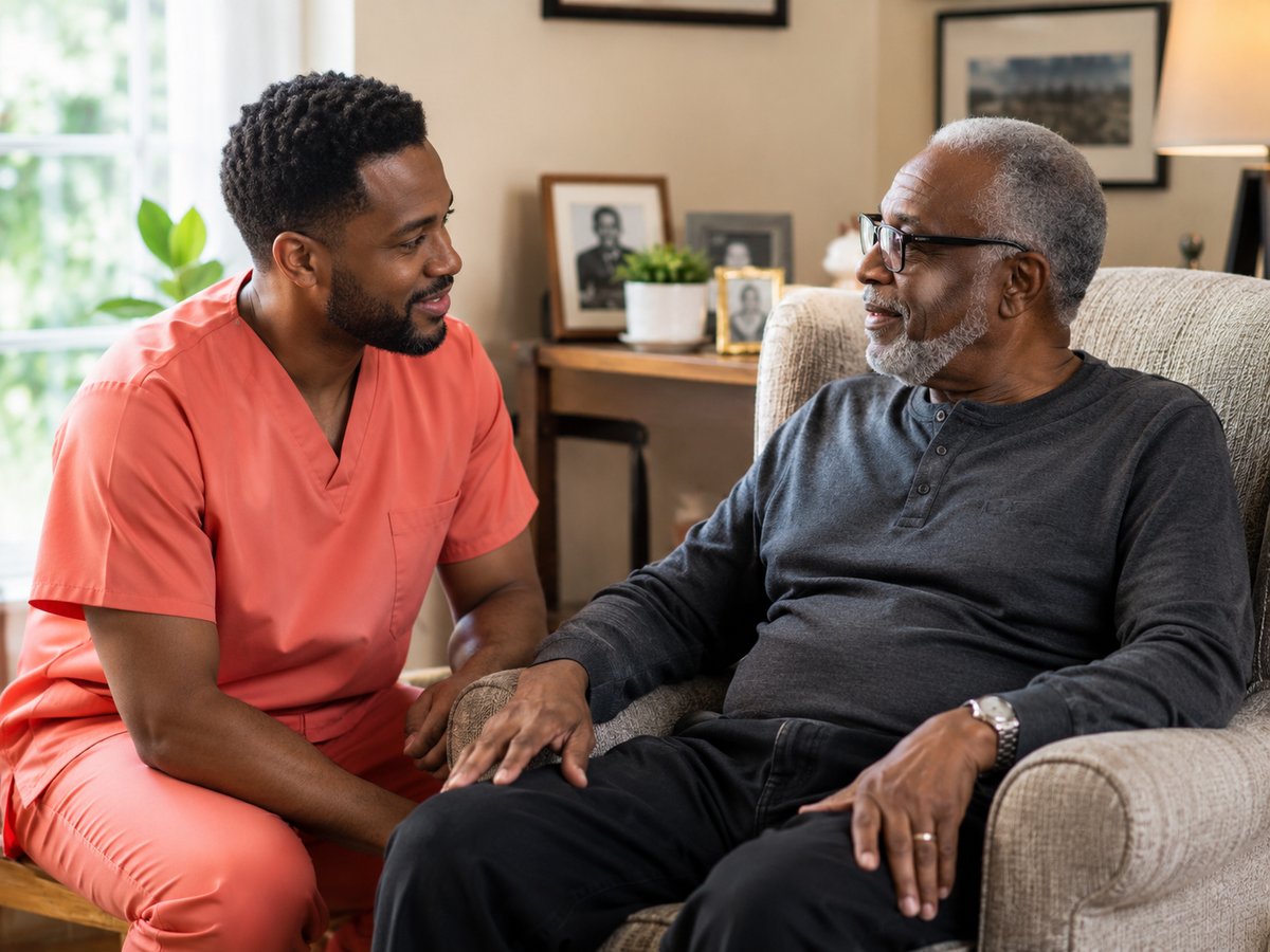 Black male caregiver providing dedicated, respectful support to an elderly Black man