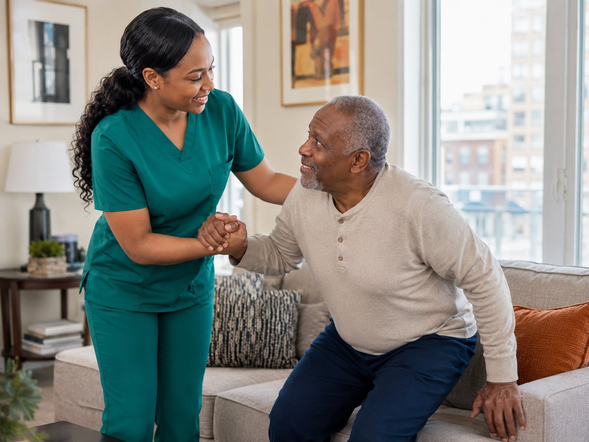 Caregiver providing gentle mobility assistance to help a client move safely at home