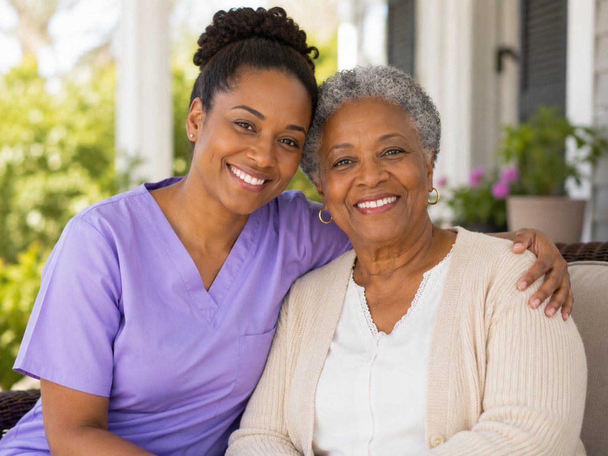 Black female caregiver and elderly woman enjoying fresh air and sunshine outdoors