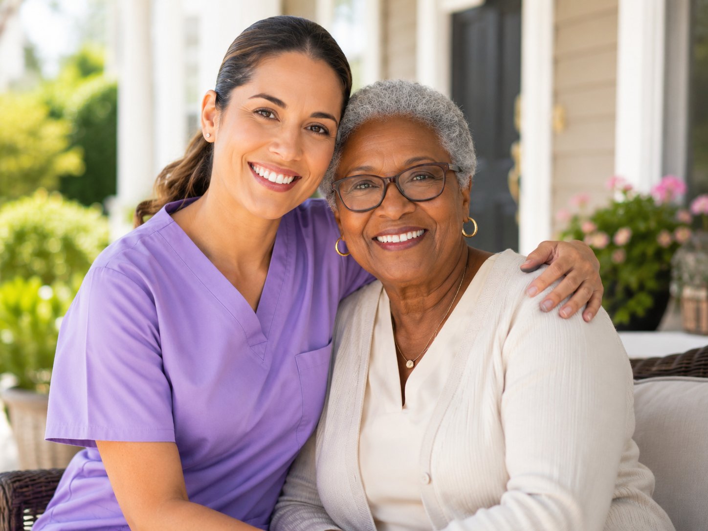 Asmart caregiver and client enjoying conversation and connection on a home porch
