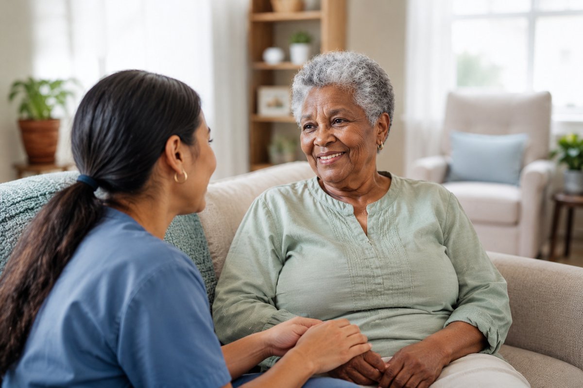 Caregiver in warm conversation with an elderly woman, sitting together at home