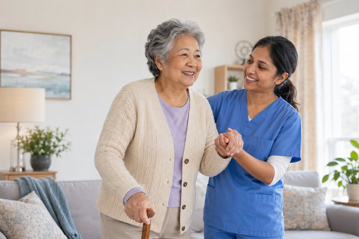Caregiver helping an elderly person walk safely and confidently with a walker